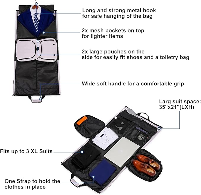 Travel Garment Bag Suit Bags for Men with Shoulder Strap & Shoes Compartment, Water Resistant Carry On Garment Duffle Bag - 2 in 1 Hanging Suit Garment Bags for Travel, Grey
