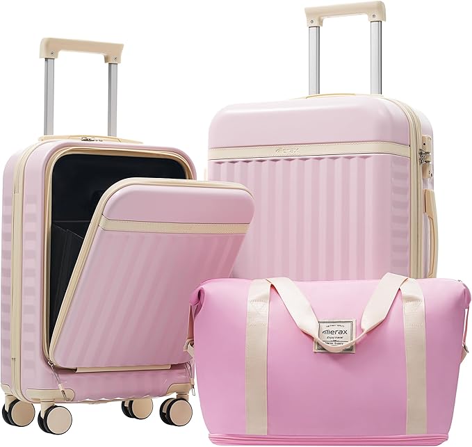 Merax Luggage Sets 3 Piece,Front Open Hardshell Expandable Suitcase with Spinner Wheels and Duffel Bags,Lightweight Carry on Luggage with USB Port,20/24IN,Pink