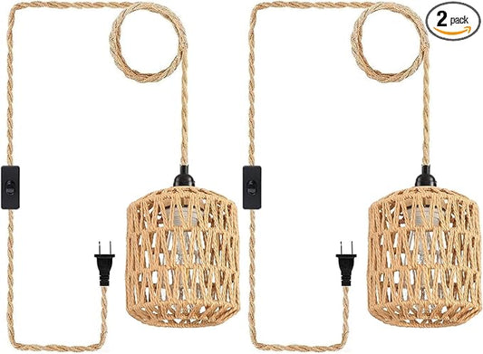 Plug in Pendant Light, Industrial Hanging Light with Plug in Cord Hemp Rope On/Off Switch Farmhouse, Vintage Pendant Light Fixture, Hanging Lamps for Dining Room