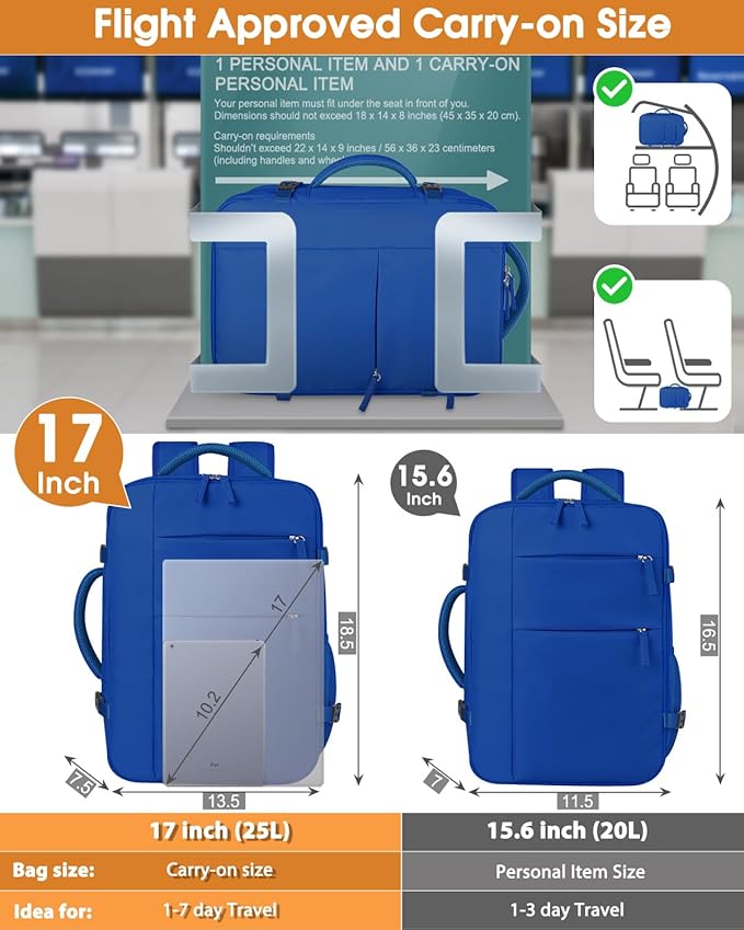 Capolo Travel Backpack for Women Men Waterproof Laptop Backpack Airlines Approved Carry On Backpack Bag Computer Bookbag for Business, Work, Traveling Fits 17 Inch Laptop(Royal Blue)
