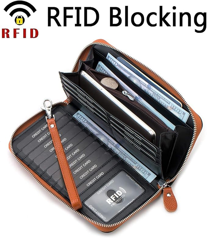 Moflycom Womens Wallet RFID Blocking Genuine Leather Multi Credit Card Large Capacity Zip Around Clutch Travel Purse Wristlet