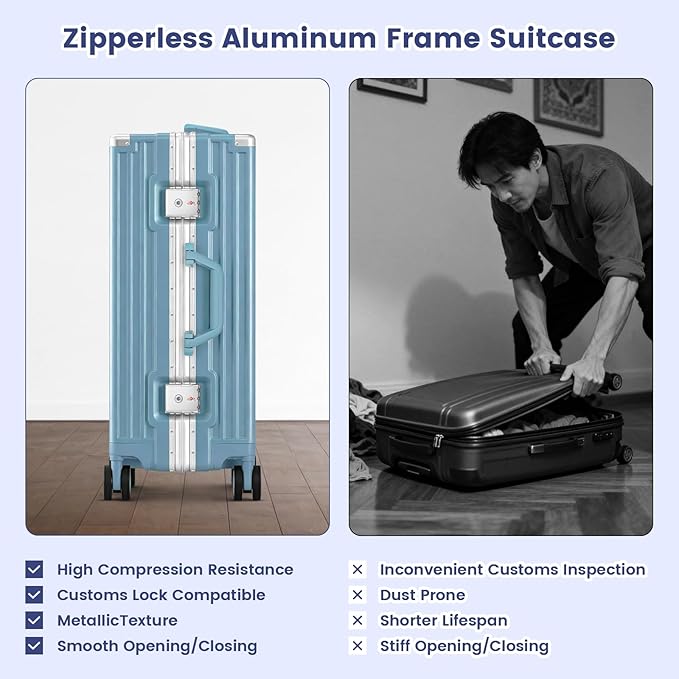 Zipperless Suitcase, 28 Inch Checked Luggage, Hardshell Aluminum Frame Polycarbonate Luggage with Phone Holder, Cup Holder, Charging Port, TSA Lock, Spinner Wheels for Vacations, Blue