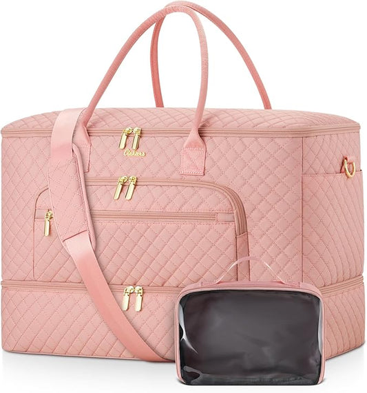 Travel Duffle Bag, Wide Open Large Weekender Bag for Women with Shoe Compartment, Carry on Overnight Bags with Toiletry Bag, Hospital Bag for Women Labor Delivery with Wet Pocket (Pink)