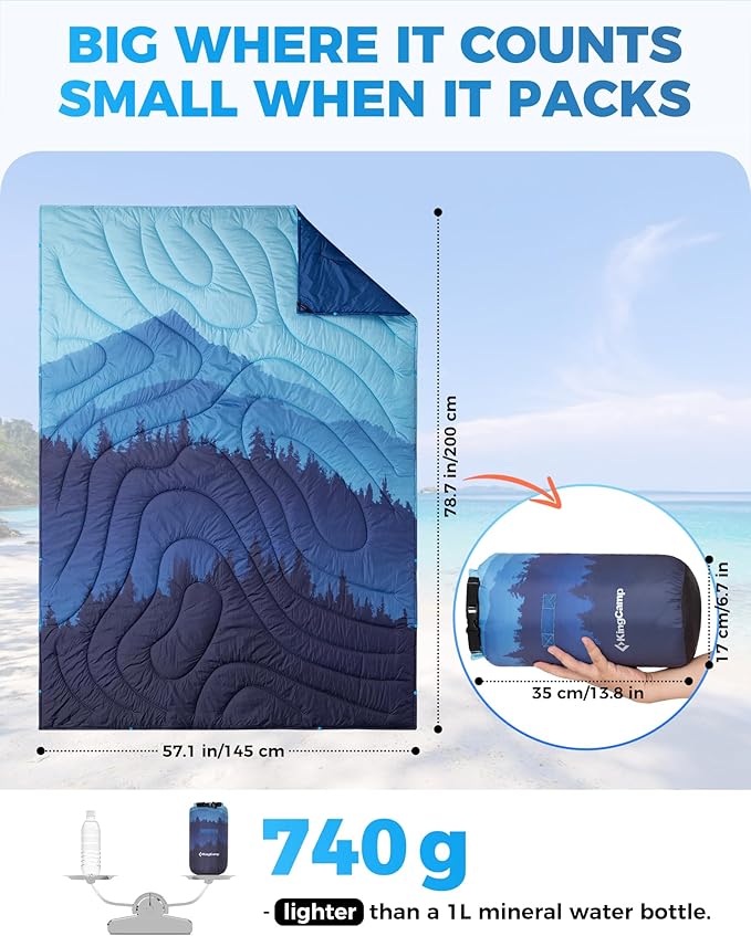 KingCamp Ultralight Camping Blanket, Packable Down Alternative Puffy Printed Wearable Blanket with Snap Buttons & Corner Loops Weatherproof Quilt for Outdoor Travel Stadium (78.7" x 57.1", Forest)