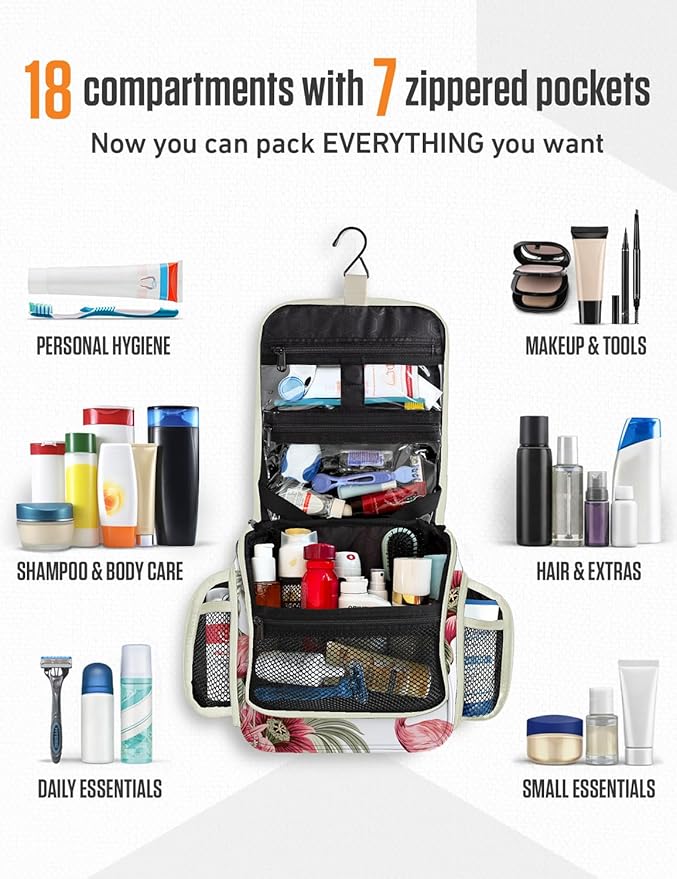 VENTURE 4TH Hanging Travel Toiletry Bag for Women & Men – Large Toiletry Organizer with 17 Compartments, Removable TSA Pouch, Travel Wash Bag for Toiletries, Makeup & Shaving Kit (Pink Flamingo)