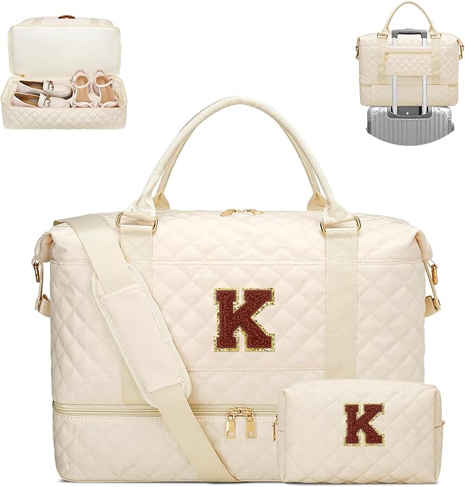 Gift for Women Initial Travel Duffle Bag Quilted Weekender Bags Carry-On Overnight with Cosmetic Bag, Gym Bag with Shoe Compartment Hospital Bag for Women Labor Delivery, Beige-K