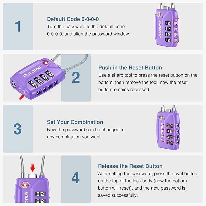 Puroma 2 Pack TSA Approved Luggage Locks, 4 Digit Combination Travel Cable Locks Resettable Code Lock with Zinc Alloy Body for Suitcase, Toolbox, Backpack, Bag, Gym Locker (Basic Purple)