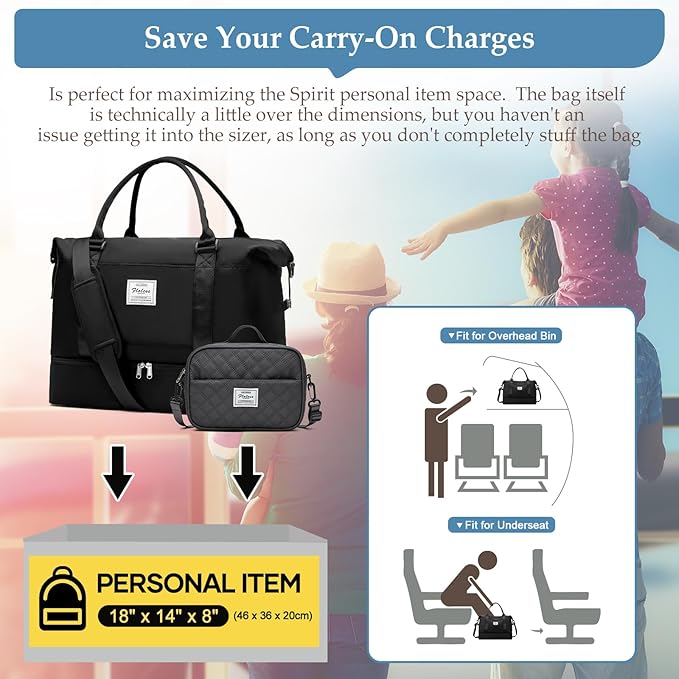 Weekender Bags for Women,Travel Duffle Overnight Bag with Shoe Compartment,Personal Item Carry On Bag,Black,Large,3 Pcs Set