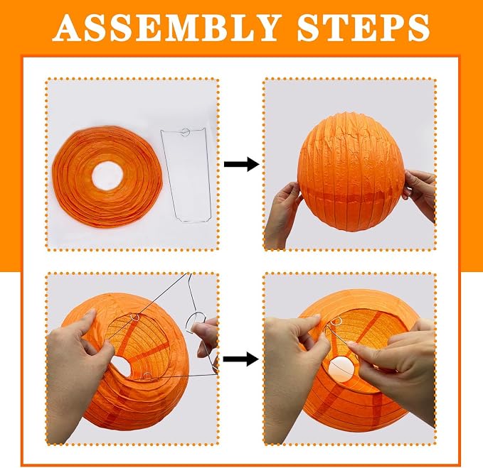Orange Paper Lanterns, 12Pcs 6-12 Inch Round Hanging Party Decorations | Assorted Sizes Orange Paper Lanterns for Birthdays, Weddings, Baby Showers, Classrooms, Fall Halloween and Seasonal Decor