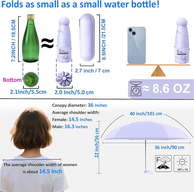 BAODINI Travel Essentials Mini Umbrella for Purse With Case Small Compact UV Sun Protection Lightweight Tiny Pocket Manual Open Close Umbrella for Women Kids and Men Fits Purse Backpack