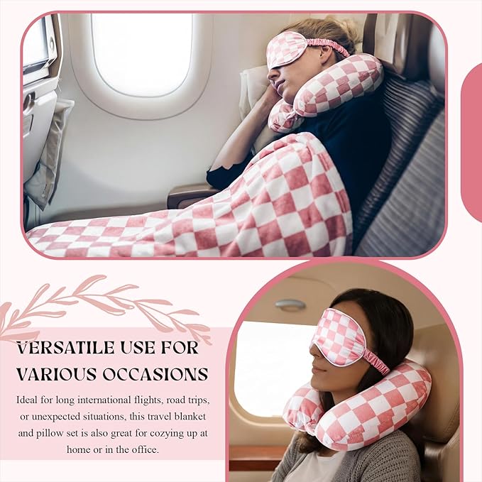 5 Pcs Travel Pillow and Blanket Set, 5 in 1 Travel Airplane Compact Includes 40 x 60 Inch Throw Blanket Eye Mask Neck Pillow Earplug and Bag Gifts for Travelers Women(Checkered,Pink)