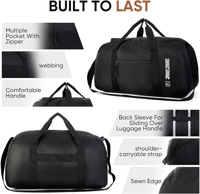Foldable Travel Duffel Bag, Lightweight & Easy to Carry Water-Repellent Duffle Bag - 2-Way Zipper & Interior Pouch, Ideal for Weekend Trips, Daily Use,Camping，Sports