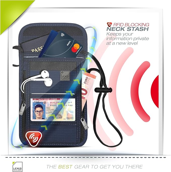 Lewis N. Clark RFID Blocking Stash Neck Wallet, Travel Pouch + Passport Holder for Women & Men, Navy