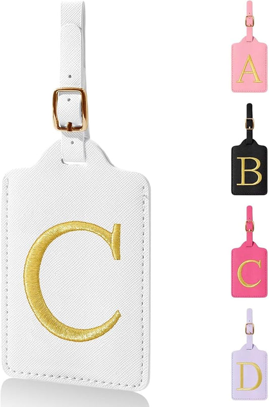 Personalized Initial Luggage Tags for Suitcases,Leather Letter Cute Luggage Tags with Privacy Name Card,Embroidered Monogrammed Travel Bag Backpack Tag Gifts for Women Kids Girls Teens(White-C)