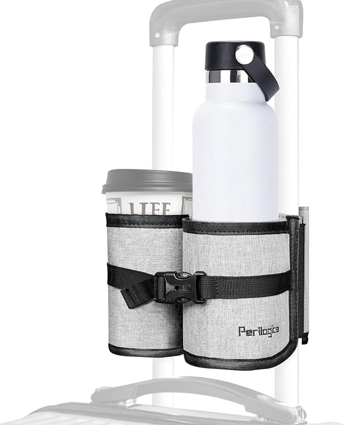 Perilogics Luggage Travel Cup Holder Attachment for Suitcase Drink, Coffee Mug, Bottle Caddy. Traveler Carry on Hands Free Accessory. Ideal for Frequent Travelers or Flight Attendants Gift.