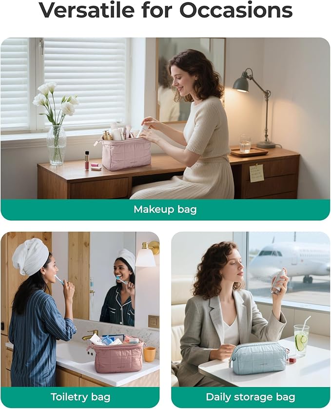 BAGSMART Makeup Bag Travel Cosmetic Bag, Puffy Padded Make Up Bags for Women Makeup Organizer Case, Wide-open Pouch Purse Travel Essentials Toiletries Accessories Brushes, Mossy Green