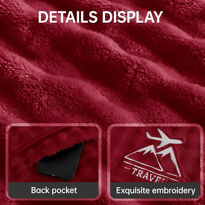 Travel Blanket and Pillow-2-in-1, Ultra-Soft&Compact,Airplane Blanket with Hand Luggage Belt and Backpack Clip,Travelers Accessories Gifts, 61x43 Inches（Burgundy）