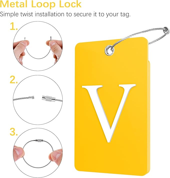 Gostwo 2 Pack Luggage Tags for Suitcases, 26 Initial Letter Travel Luggage Baggage Identification Labels ID Tag Fully Bendable Tags with Stainless Steel Loop (Yellow) (Letter V)