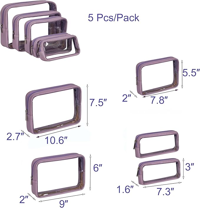 TSA Approved 5-Piece Diaper Bag Organizer Pouch Set Clear Waterproof TPU Kids Toiletry Storage Set Travel Packing Clutch Cube Bags for Baby Nursing (Purple)