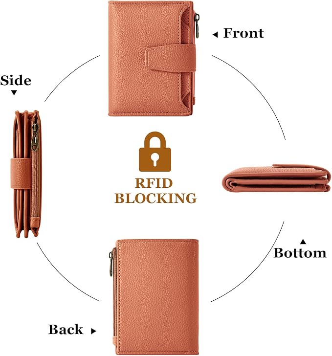 Airkit Small Wallet Women RFID Blocking Soft Leather Bifold Compact Card Holder Wallet for Women with Zipper Coin Pocket 4 ID Window