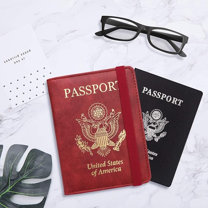 WALNEW Passport Holder for Travel, RFID Passport Cover Wallet for Women Men, PU Leather Passport Book Card Holder Case with Pen, Travelling Essentials for Flying