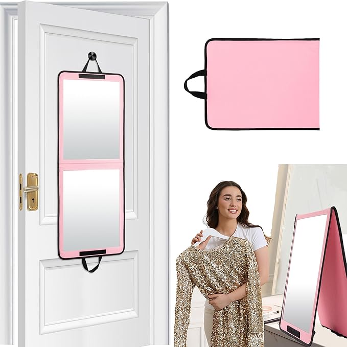 LPHUMEX Pink Portable Full Length Mirror for Dance Bag, 33x13 Inch Portable Folding Body Mirror for Camping Wedding Golf Swing Workout
