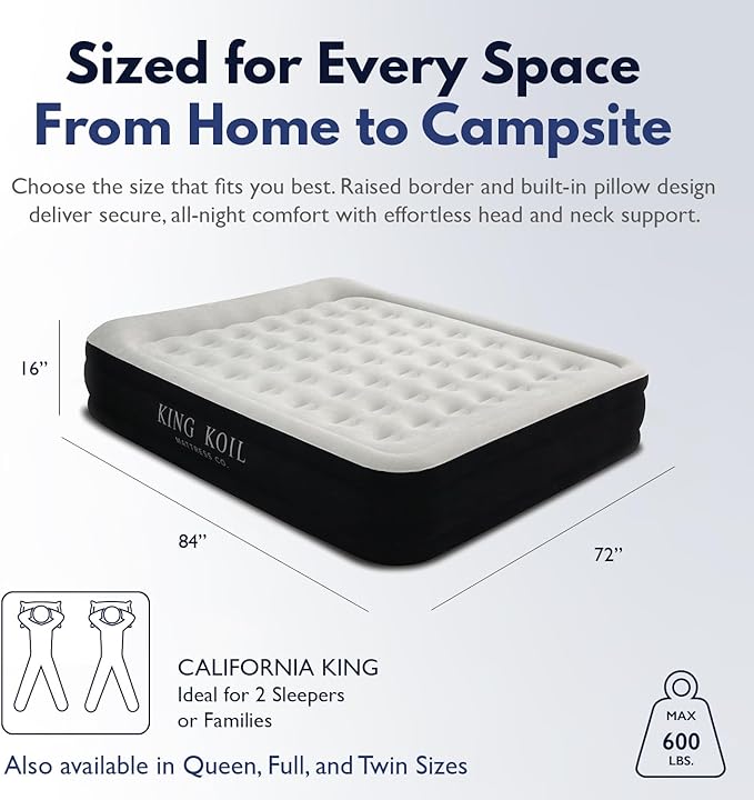 King Koil Premium California King Air Mattress with Built-in High-Speed Patented Pump for Home, Camping & Guests- Inflatable Double High Airbed Blow Up Bed, Waterproof, 1 Year Warranty