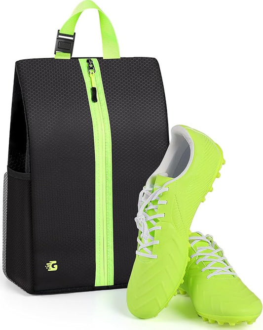 Smell Proof Shoe Bags for Travel-Soccer Cleat Bag Smell Proof with Active Carbon Fabric | Odor-Absorbing Water-Resistant Track Shoe bags for Sports (Black with Green, UP TO US11)