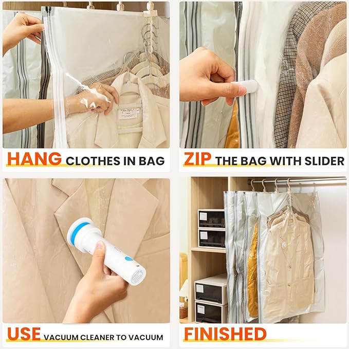 Hanging Vacuum Storage Bags with Electric Pump – 4-Pack Hanging Vacuum Seal Bags for Clothing, Space-Saving Compression Bags for Suits, Jackets, Travel Wear, Winter Coats & Outerwear