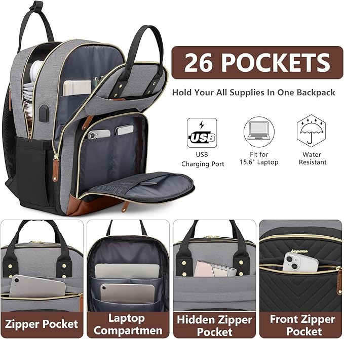 Laptop Backpack for Women Work Bag - Fits 17.3 Inch Laptop Bag Travel Work Backpack Anti-theft Bags with USB Charging Business Computer Waterproof Backpack Purse for Nurse Teacher Black Grey Brown