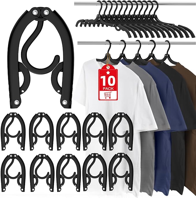 10 Pcs Travel Hangers Portable Foldable Travel Hanger Organizer, Plastic Cruise Essentials Clothes Drying Rack Folding Hangers for Camping Flying RV Europe Vacation Essentials Suitcase, Black