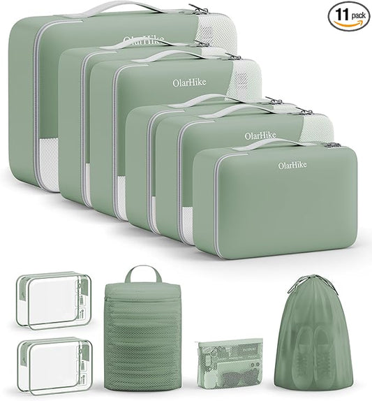 11 Set Packing Cubes for Travel, Gifts for Women Mom Kids, TSA Approved Bags for Makeup, Cosmetic, Toiletry, Suitcase Organizers for Checked Luggage,Cruise Essentials,Airplane Accessories,Matcha Green