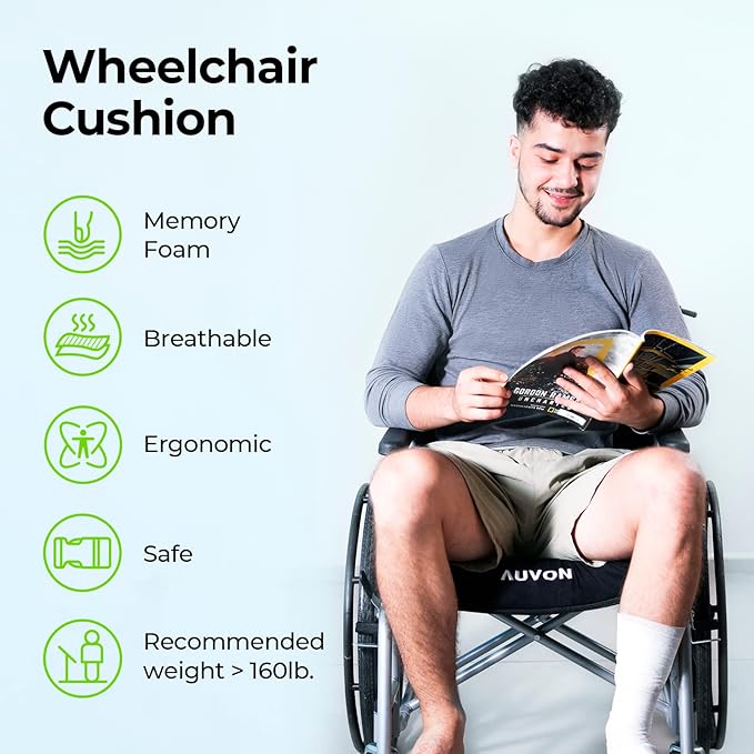 AUVON Wheelchair Seat Cushions (18"x16"x3") for Sciatica, Back, Coccyx, Pressure Sore and Ulcer Pain Relief, Memory Foam Pressure Relief Cushion with Removable Strap, Breathable & Waterproof Fabric
