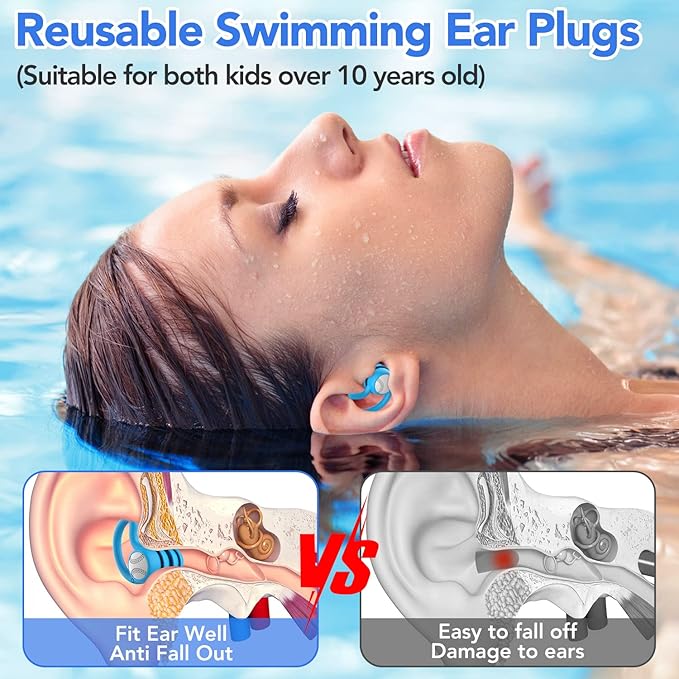 Swimming Ear Plugs Waterproof Earplugs - 3 Pairs Silicone Swim Ear Plugs for Adult Kids, Water Sports Earplugs for Showering, Bathing, Surfing - Keep Ear Water Out (Blue,Pink,Orange, One Size)