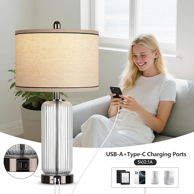 27" Black Glass Table Lamp, Modern Touch Beside Lamps, Desk Lamp Set of 2 | Vertical Grained Lamp Body, Large Nightstand Lamp, 3 Way Dimmable,LED Bulbs Included, Glass Lamps for Bedroom Living Room