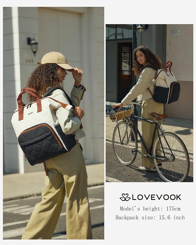 LOVEVOOK Laptop Backpack for Women, 15.6 inch Work Travel Backpack Purse, Puffer Quilted Laptop Backpack Casual Daypack for Nurse Teacher，Black-White-Gray