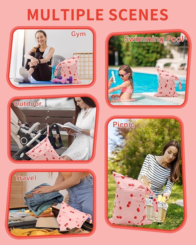 babygoal Wet Dry Bags 3 Pack, Waterproof Travel Bags for Swimsuits, Beach, Pool, Gym,Food Storage and Wet Clothes(Cherry,Flamingo,Polka Dot),3LN42-B