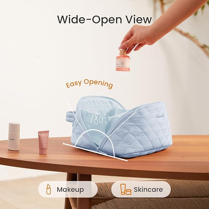LOVEVOOK Travel Makeup Bag for Women, 2Pcs Puffer Waterproof Cosmetic Organizer, Large Capacity Pouch Open Flat Small Toiletry Bag with Brush Compartment & Handle (Blue, Medium)