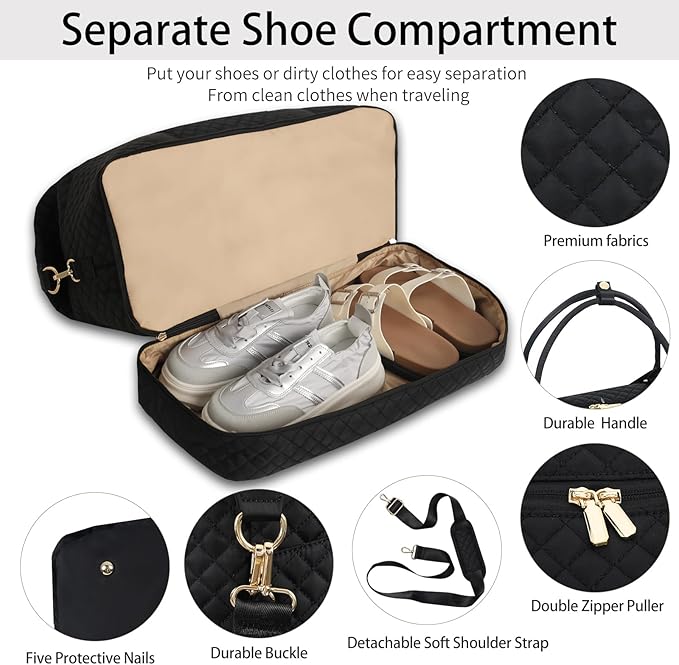 Weekender Bag, Large Travel Duffel Bag for Women, Carry on Overnight Bag with Shoe Compartment and Toiletry Bags