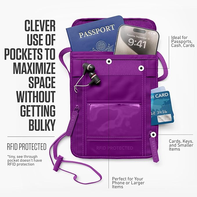 VENTURE 4TH Neck Wallet for Women & Men – RFID Blocking Passport Holder for Travel, Hidden Neck Pouch with 6 Compartments, Slim Lightweight Travel Organizer with Adjustable Strap (Sleek Purple)