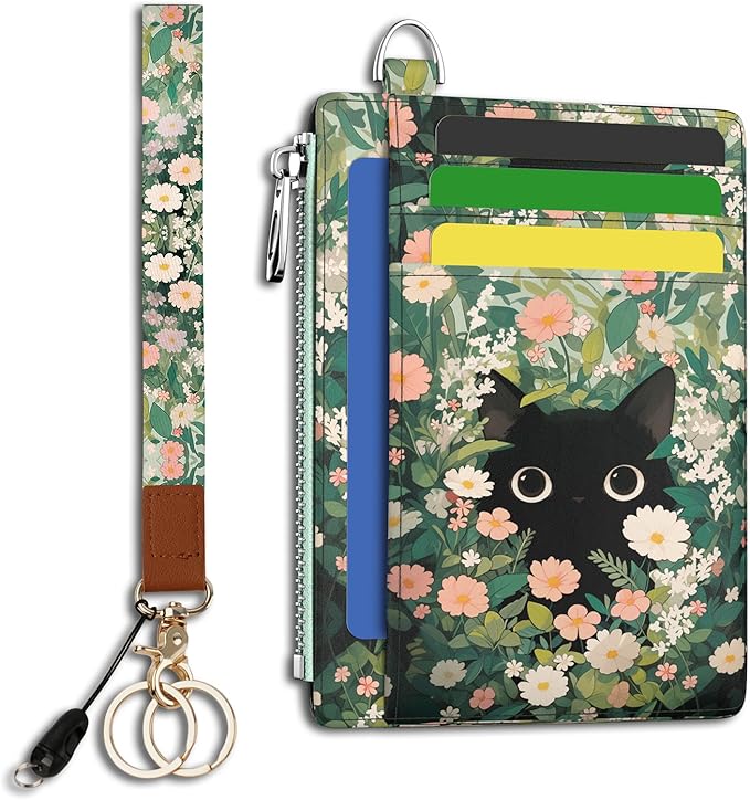Hancynir Black Cat Floral Slim Wallet Women Credit Card Holder Small Cute RFID Blocking Front Pocket Wallet Wristlet Keychain Lanyard Card Case Thin Travel Zipper Coin PU Leather Ladies Female Gifts
