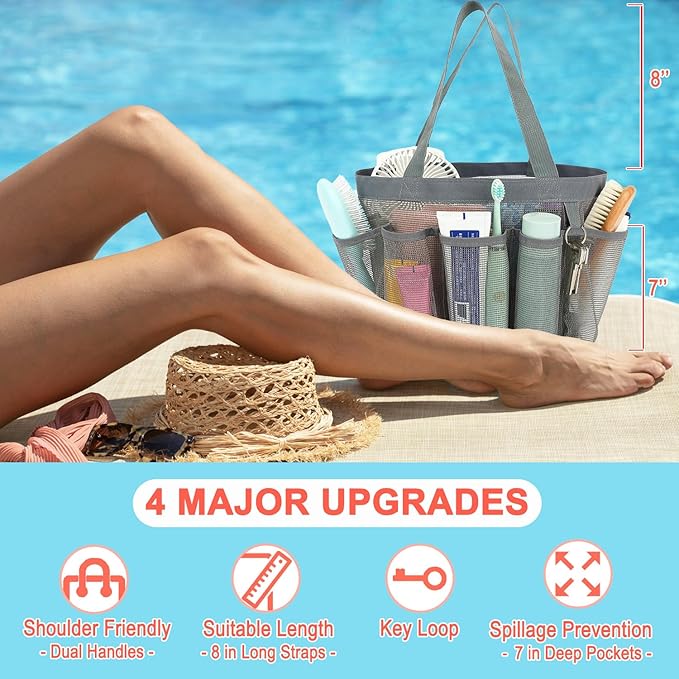 Fammart Mesh Shower Caddy Portable for College Dorm Room Essentials, 8-Pocket Large Shower Basket Tote Bag with 2 Handles for Toiletry, Bathroom, Beach, Camp, Gym