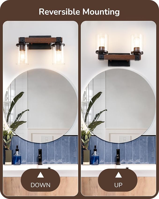 EDISHINE 2-Light Painted Wood Wall Sconces, Farmhouse Vanity Light Fixture | Clear Glass Shade, Up & Down Mounting Optional, E26 Base, Rustic Charm, Waterproof for Bedroom, Powder Room