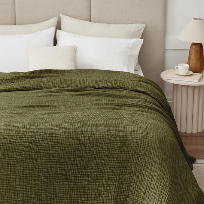 100% Cotton Muslin Blanket Twin 60" x 80", Breathable and Lightweight Cotton Twin Blankets for Couch, Soft Cooling Summer Gauze Blanket for Adults All Season, Olive Green