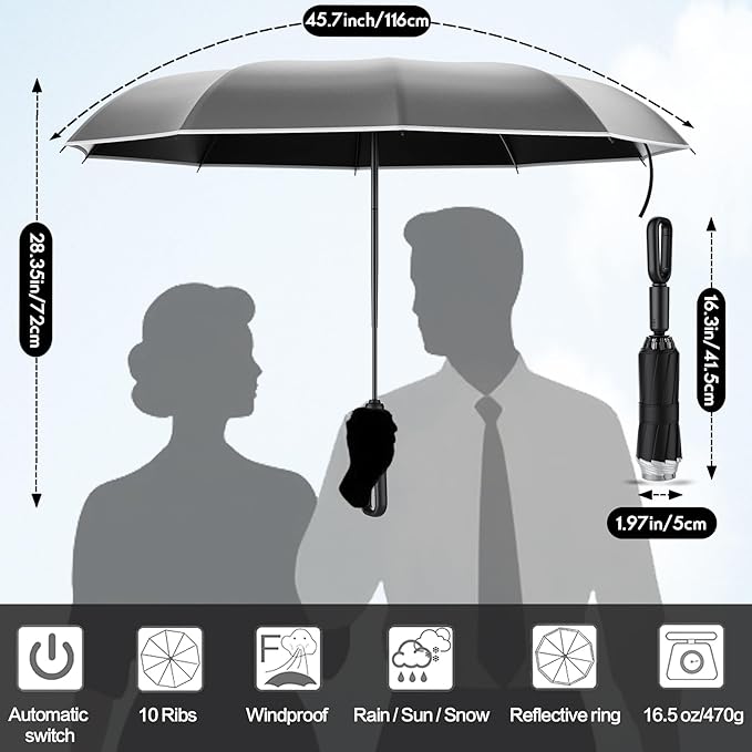 Windproof Compact Travel Umbrella,Large Strong but Light Portable and Automatic Folding Rain Umbrella, small inverted for travel size