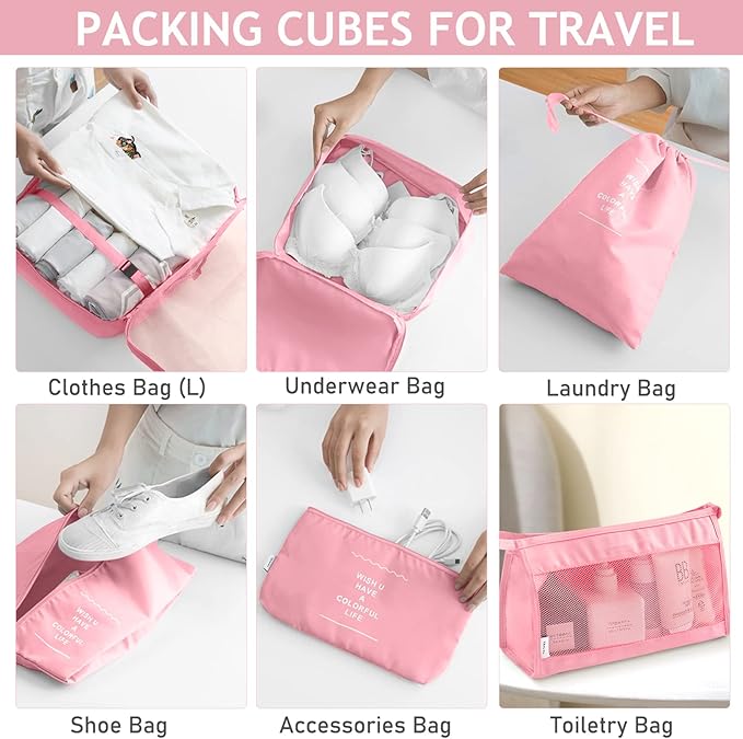 KPX 8 Set Packing Cubes for Travel, Luggage Packing Organizers Accessories Large Toiletries Bag for Clothes Shoes Cosmetics (Pink)