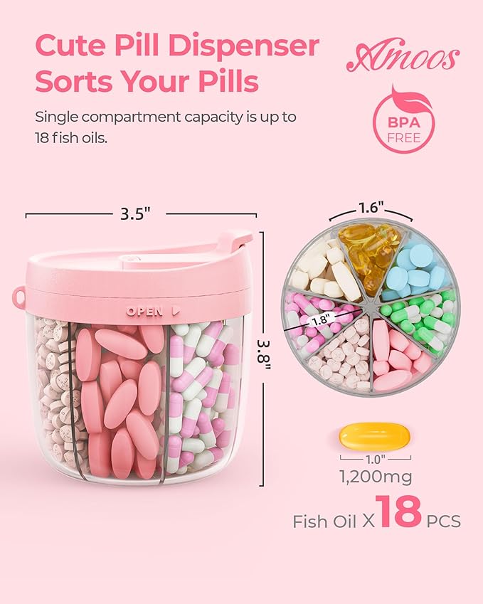 Cute Pill Dispenser with 7 Compartments, Pill Bottle Organizer with Anti-Mix Design, Portable Pill Organizer for Travel with Wide Mouth for Easy Access, BPA-Free Patented Pill Container, Pink