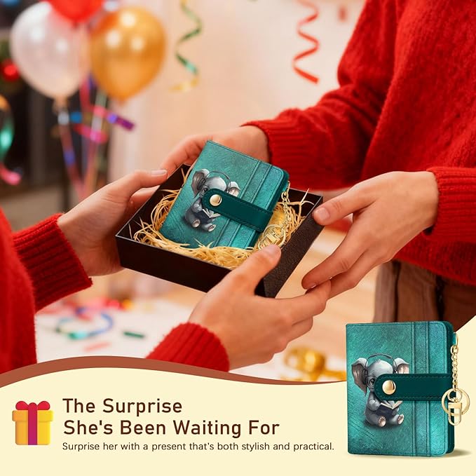 Jogjam Elephant Rfid Women Wallet, Small Slim Thin Credit Card Wallet, PU Leather Bifold Cash Zipper Coin Pocket ID Window for Female Ladies Teen Girls Girly