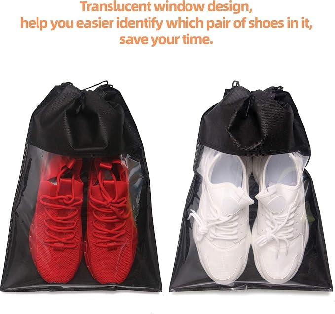 12 Pack Portable Shoe Bags for Travel Large Shoes Pouch Storage Organizer Clear Window with Drawstring for Men and Women Black