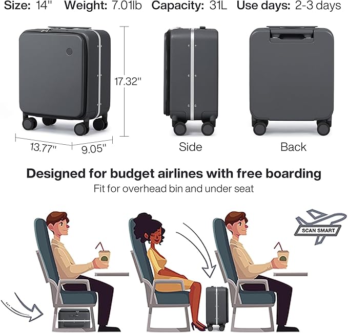 mixi 17x14x9 Carry On Luggage Underseat PC Hard Shell Suitcase Top Opening Aluminum Frame Travel Suitcases with Wheels, Rock Gray